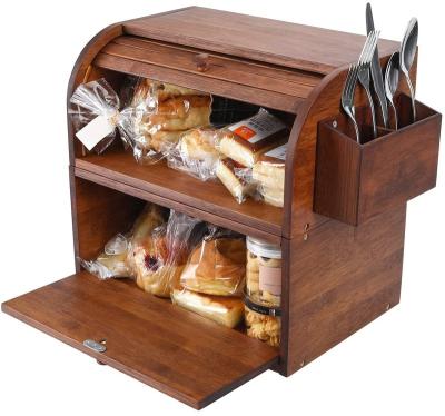 China Sustainable Design Brown Detachable Bamboo 2 Layer Bread Bin With Silverware Basket for sale