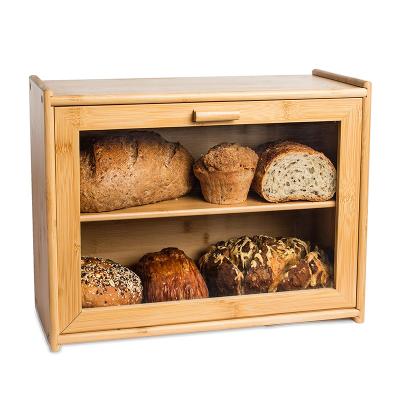 China Sustainable Natural Bamboo 2 Layer Bread Storage Box Double Layer Rustic Bread Storage Bread Bin With Window for sale