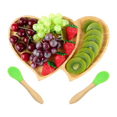 China Sustainable Heart Shaped Bamboo Plates Baby Toddler Suction Dish For Weaning Babies for sale