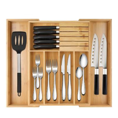 China Viable Expandable Bamboo Cutlery Tray Holder Drawer Organizer Flatware Silverware Tableware Organizer for sale