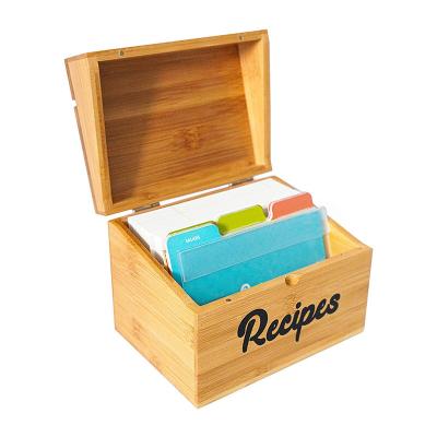 China Sustainable Bamboo Wooden Recipe Card Box Organizer Storage With Bamboo Lid for sale