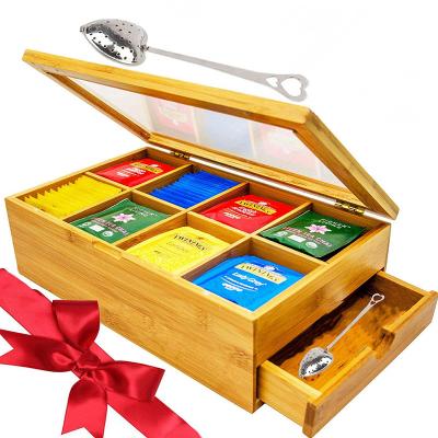 China 100% Sustainable Bamboo Tea Box Chest Organizer With Slide Out Drawer 8 Storage Compartments for sale