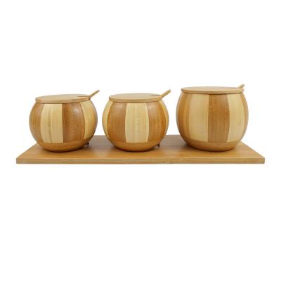 China Traditional Bamboo Salt and Pepper Box with Spoons and Tray Wooden Condiment Container Seasoning Box Set for Home Kitchen Cafe for sale