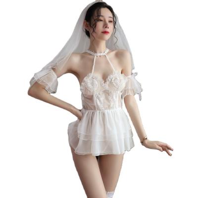 China Sheer Sweet Sexy Transparent Princess Dress Suit Wedding Bridal Women's Uniform Lace Net Night Erotic Lingerie Dress for sale