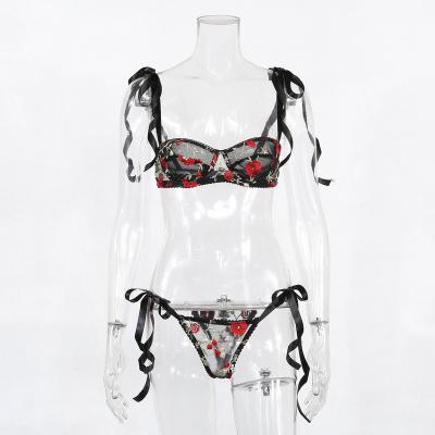 China New Hot Style Sexy Ribbon Embroidered Lace Underwear Ladies Floral Two Piece Suit for sale