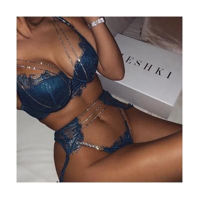 China Sexy luxury three-piece sexy rhinestone tight ladies chain lace diamond lingerie lingerie for sale