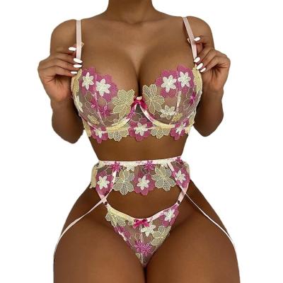 China Hot high quality mesh lenceria mesh In-stock ware women embroidery lace bra erotic transparent panties teddies set underwear sexy lingerie for sale