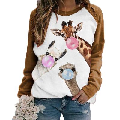 China Autumn European and American Anti-wrinkle Women's Loose Hoodie Full Giraffe Animal Print Long Sleeve Pullover Tops for sale