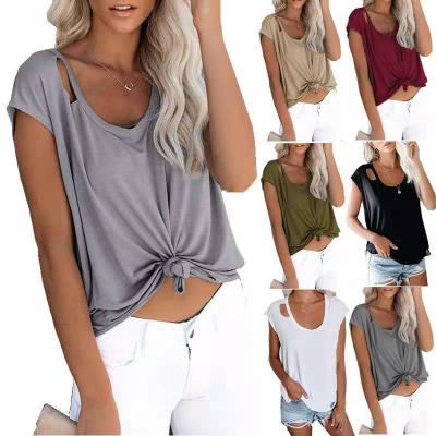 China 2021 Summer New Round Neck Women's Round Neck Women's Short-sleeved Hole Sweater T-shirt Solid Color Anti-wrinkle for sale