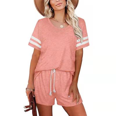 China Anti-wrinkle 2021 new summer women's short solid color round neck spring and sleeves with drawstring shorts sports and leisure two-piece suit for sale