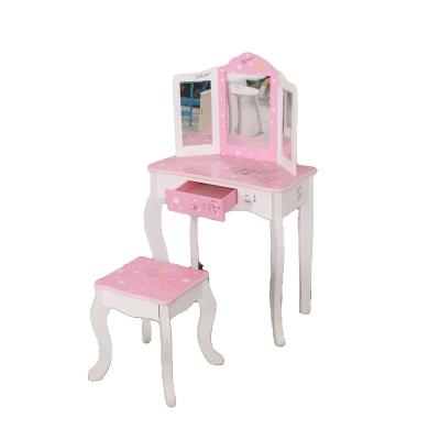 China Wholesale Foldable Kids Vanity Set Wooden Kids Dressing Table With Mirror Stool Pink Kids Vanity Table for sale