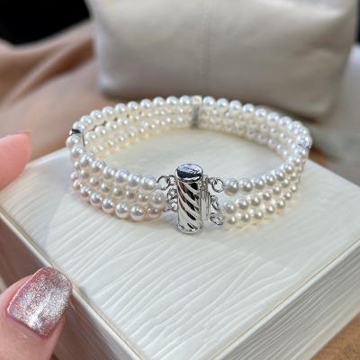 China Vintage Three Layers Of Pearl Bracelet Natural Freshwater Pearl Bracelet 925 Sterling Silver Multi-Row String for sale