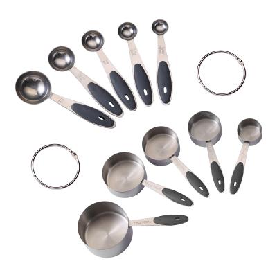 China Workable 10 Piece Set of Stainless Steel Measuring Cup Silicone Bendable Handle Measuring Tool Set for sale