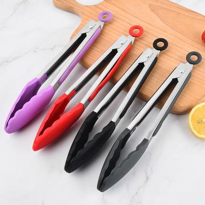 China 9 Inch Stainless Steel Food Staple Kitchen Accessories Silicone Heat Resistant Kitchen Food Clip Viable BBQ Tongs for sale