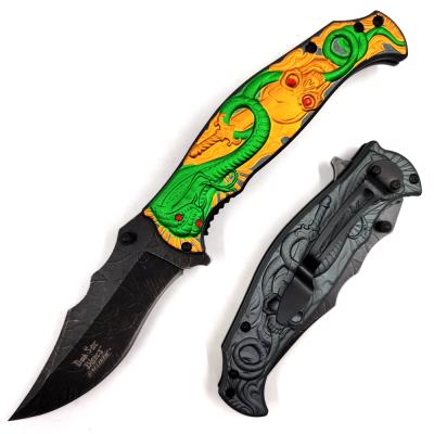 China Screw Release (PK-3257GG) 4.75 Inch Green Snake Cool Gold Skull Embossed Handle Assisted Pocket Survival Opening Folding Outdoor Knife for sale