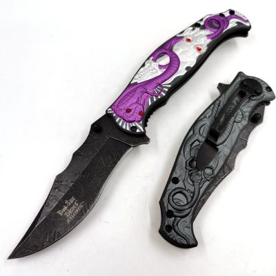 China Screw Release (PK-3257PW) 4.75 Inch Cool Purple White Snake Skull Embossed Handle Assisted Pocket Survival Opening Folding Outdoor Knife for sale