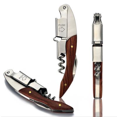 China PUSH (OP-0125WW) Viable Spring Build Wooden Double Lever Handle Wine Head Spiral Corkscrew Bottle Opener for sale