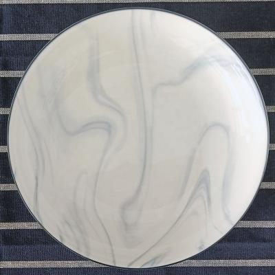 China Viable custom kitchen utensil print ceramic dinner plates marble look pad printing round plateware with blue rim for sale