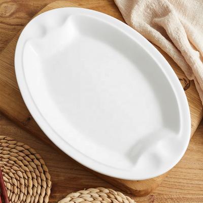 China Oval Shape Porcelain Food Viable Embossed White Dinner Dishes Sets Halal Porcelain Dinnerware for sale