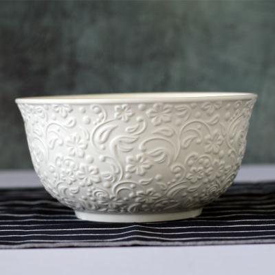 China Modern 8 Inch Modern White Embossed Deep Bowl Ramen Salad Bowl Bone China Set Large Restaurant Porcelain Ceramic Soup Bowl for sale