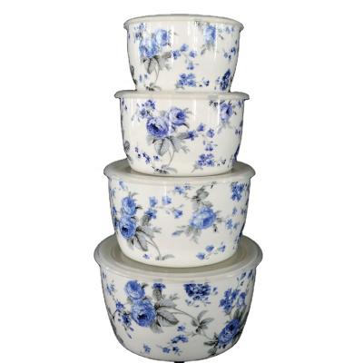 China 6.25 Inch Printing Sustainable Ceramics Protection Deep Bowl With Lid Modern Nordic Deep Bowls Porcelain Blue Flower Printed Bowls for sale