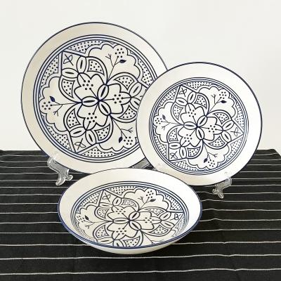 China Viable Custom Blue Rim Print Dinner Dishes Set And Plates Deep Soup Tray Ceramic Antique Decorated Tableware for sale