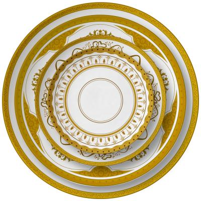 China Sustainable Luxurious Gold Edged Bone China Festival Gift Dining Dishes Set White And Gold Color Western Wedding Tableware for sale