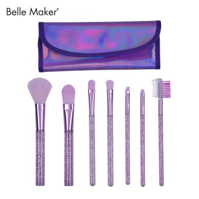 China Soft Texture Glitter Makeup Brush 7pc Travel Set Synthetic Fiber Purple Glitter With Metallic Cloth Travel Bag for sale