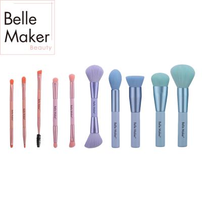 China Angular Blush Makeup Beauty Tool Brush Style 10pcs Popular Wooden Handle Makeup Brushes With Holder Eyebrow Brush for sale