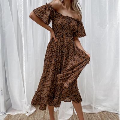 China 2021 Breathable Kleider leopard print short dresses long sleeve off-shoulder vestidos girls party women casual dresses for sale