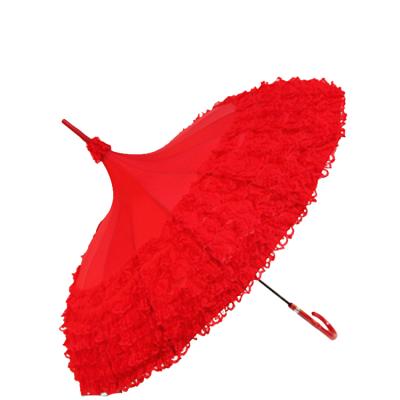 China Wholesale Daily Use Red Wedding Umbrella Ladies Stick Umbrella Women Handle Turn Along Pagoda Umbrella for sale