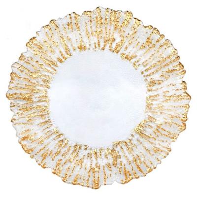 China Sustainable Joy Tableware Wholesale Wedding Glass Charger Plates Gold Plated Dish for sale