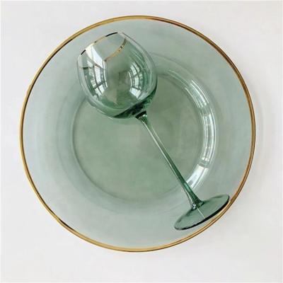 China Joy Tableware Green Glass Charger Viable Dishes with Gold Rim Antique Gold Plate for sale