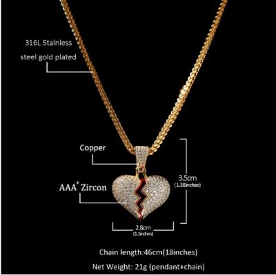 China Hot Selling HipHop Mini Broken Heart Pendant Necklace Inlaid With CZ for sale