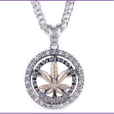 China Hip Hop Style Mens Hip Hop Rotating Marijuana Pendant Necklace With CZ Stones for sale