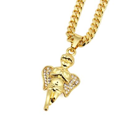 China Hiphop High Polished Small Gold Praying Angel Angel Pendant Necklace For Men for sale