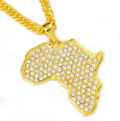 China HipHop Shiny Gold Crystal Paved Africa Map Pendant Chain Necklace for sale