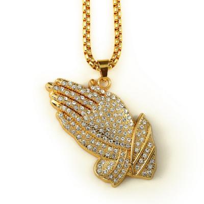 China HipHop Shiny Gold Big HipHop Micro Paved Hands Prayer Pendant Necklace for sale