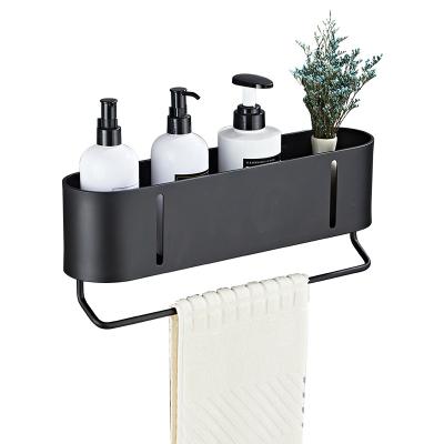 China Wall Mounted Type Bathroom Shelves No Drilling Metal Steel Basket Adhesive Shower Shelf Organizer Bamboo Base Bathroom Caddy for sale