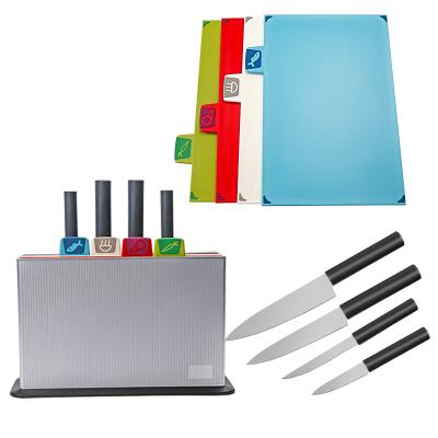 China Sustainable Plastic Cutting Board Set With 4 Stainless Steel Kitchen Knife Storage Case And Stainless Steel Color Coded Board for sale