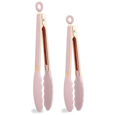 China Viable 9 Inch Rose Gold Nonstick Stainless Steel Kitchen Silicone Tongs Appetizer Food Tongs for sale