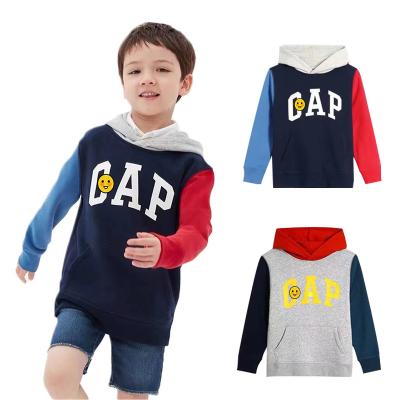 China 2021 children's clothing anti-shrinkage autumn and winter sweater letters cotton hooded pullover color-blocking sleeves tops children's clothin for sale