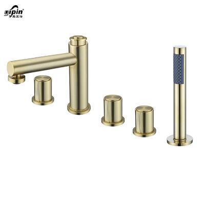 China With Slide Bar Bath And Shower Faucets Factory Wholesale Five Holes Deck Mounted Bathroom Brass Tub Faucet Brushed Gold Bath And Shower Mixer Set With Shower Faucet hand shower for sale