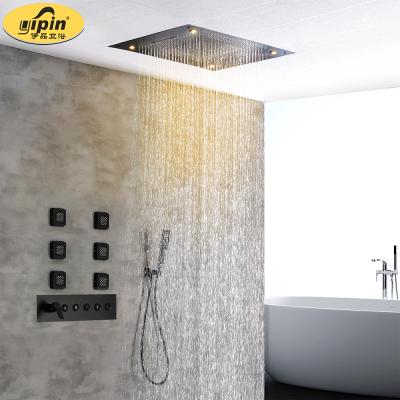 China Without slide bar hot sale bathroom ceiling sus304 LED shower head rainfall waterfall hot cold mixer taps set black gold with LED light for sale