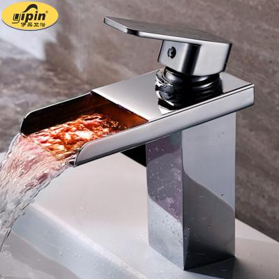 China Independent Brass Waterfall Faucets Single Handle Mixer LED Light Single Sink Bathroom Sink for sale