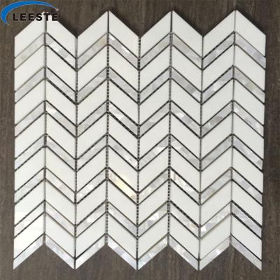 China New Fashion Style Parquet White Nanogalss Mosaic +shell Mixed Chevron Mosaic Slabs Backsplash Design for sale