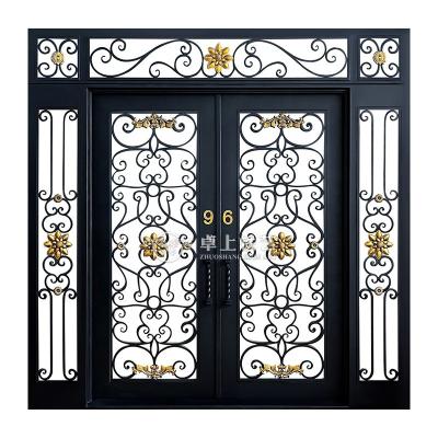 China Custom Anti-Theft Square Top Double Entry Doors With European Style Doors Wrought Iron Glass Doors for sale