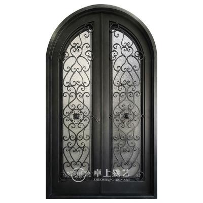 China Front Door Double Wrought Iron Entry Arch Doors Anti-theft Iron Upper Doors Glass Doors for sale