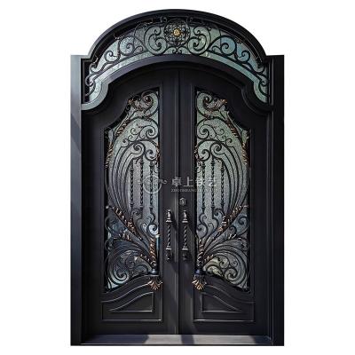 China Anti-theft European Iron Doors Entry Arch Style Front Door Double Wrought Iron Glass Doors for sale