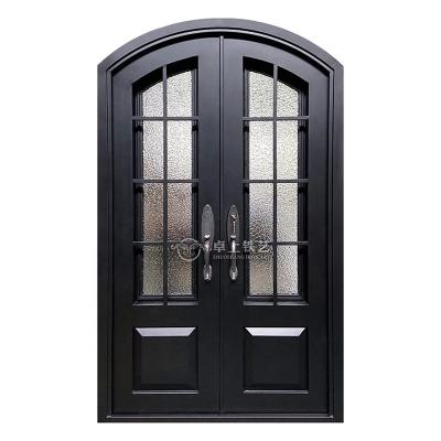 China Double Arched French Doors Front Wrought Iron Doors Exterior Doors Top Decorative Design Anti Theft Glass Doors for sale